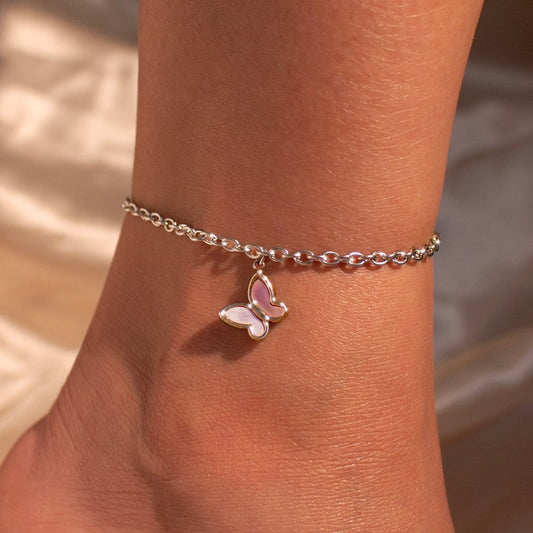 Silver Butterfly Anklet: Mother of Pearl Charm, Delicate Ankle Bracelet