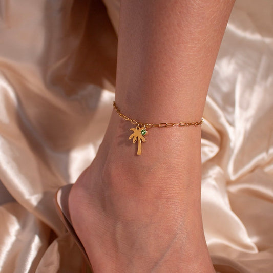 Palm Tree Birthstone Anklet: 16k Gold Plated Layered Chain