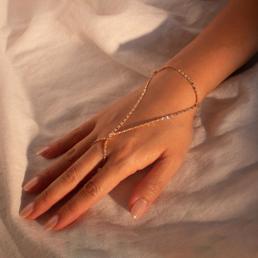 Shiny Hand Chain Bracelet: 16K Plated Ring Bracelet