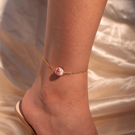 Ceramic Flower Charm Anklet: Asian Style, Something Blue