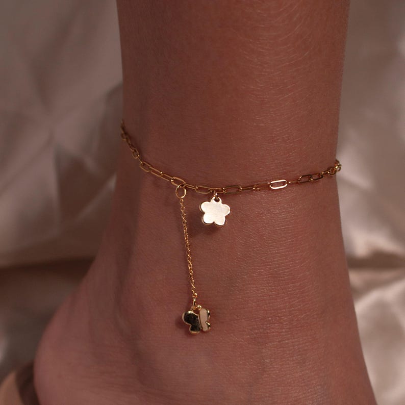 Gold Flower Butterfly Ankle Bracelet: Stainless Steel Dangle Anklet