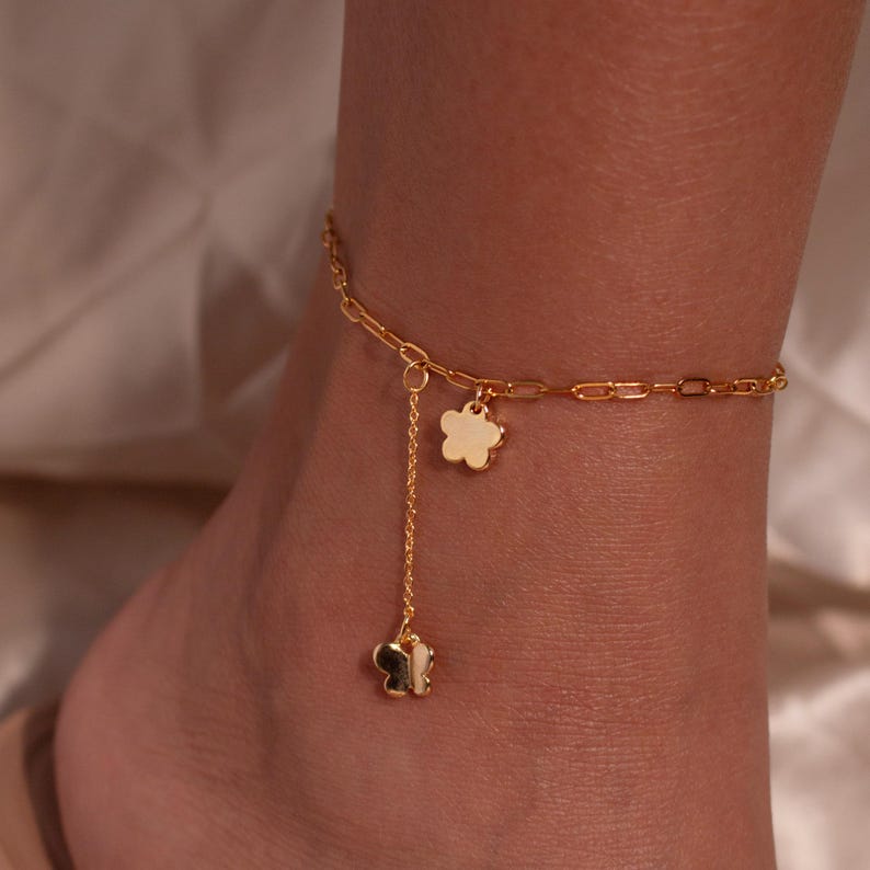 Gold Flower Butterfly Ankle Bracelet: Stainless Steel Dangle Anklet