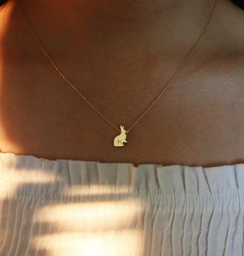 Gold Rabbit Necklace: Hand Stamped Initial, 16k Gold Plated