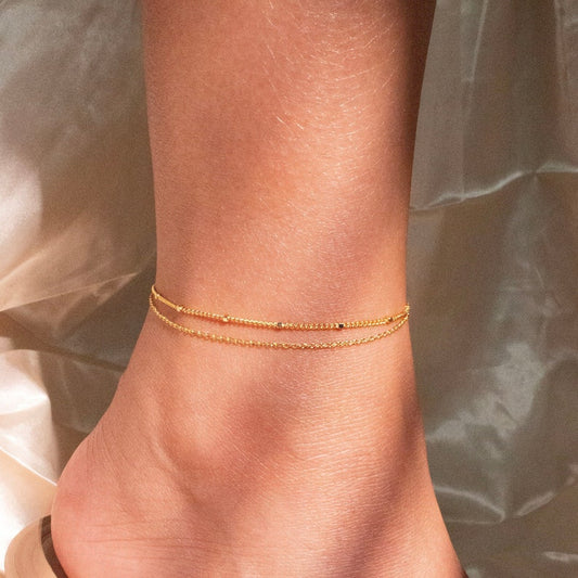 Gold Double Chain Anklet: Personalized Initial Coin Charm