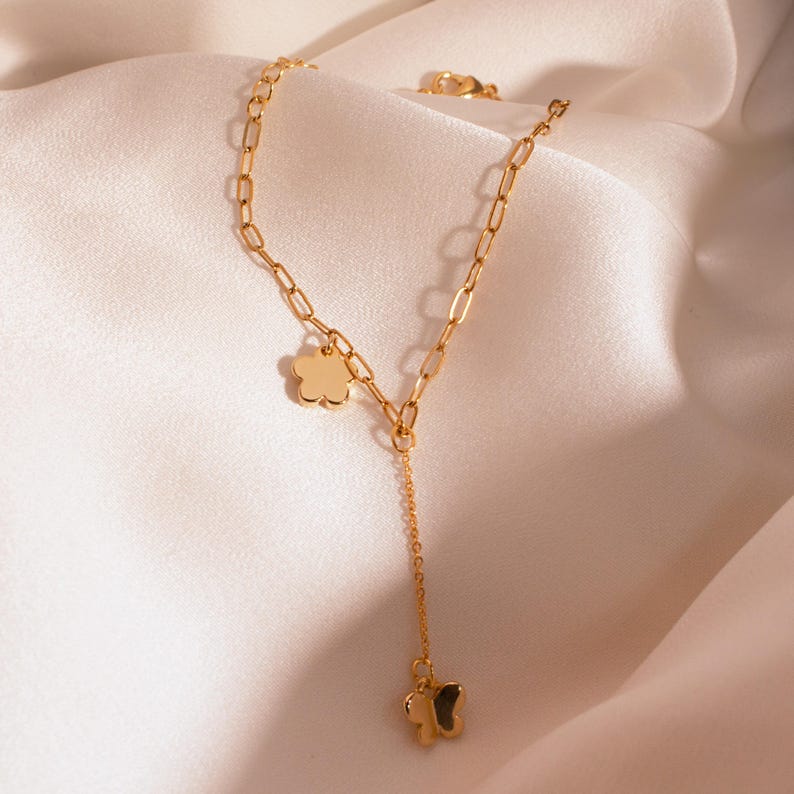 Gold Flower Butterfly Ankle Bracelet: Stainless Steel Dangle Anklet