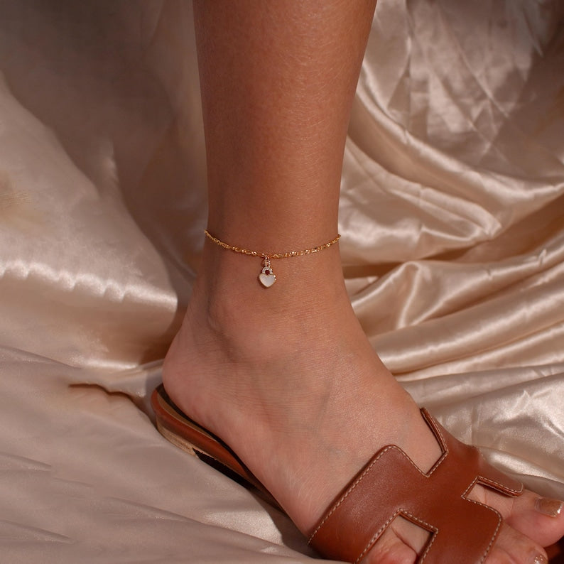 Heart Lock Mother of Pearl Anklet - 16K Gold Plated