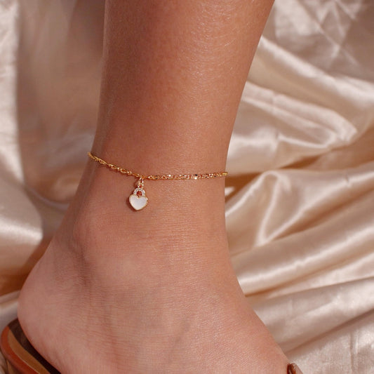 Heart Lock Mother of Pearl Anklet - 16K Gold Plated