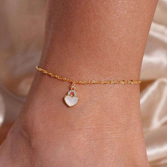 Heart Lock Mother of Pearl Anklet - 16K Gold Plated