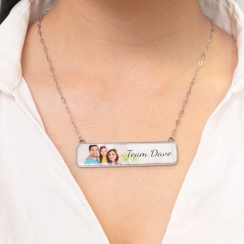 Personalized Photo Necklace Gift 4k High Quality Print Customizable Bar Necklace for Cherished Memories Family members Image