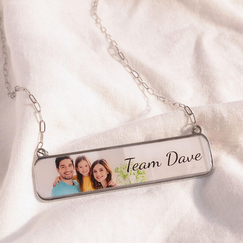 Personalized Photo Necklace Gift 4k High Quality Print Customizable Bar Necklace for Cherished Memories Family members Image