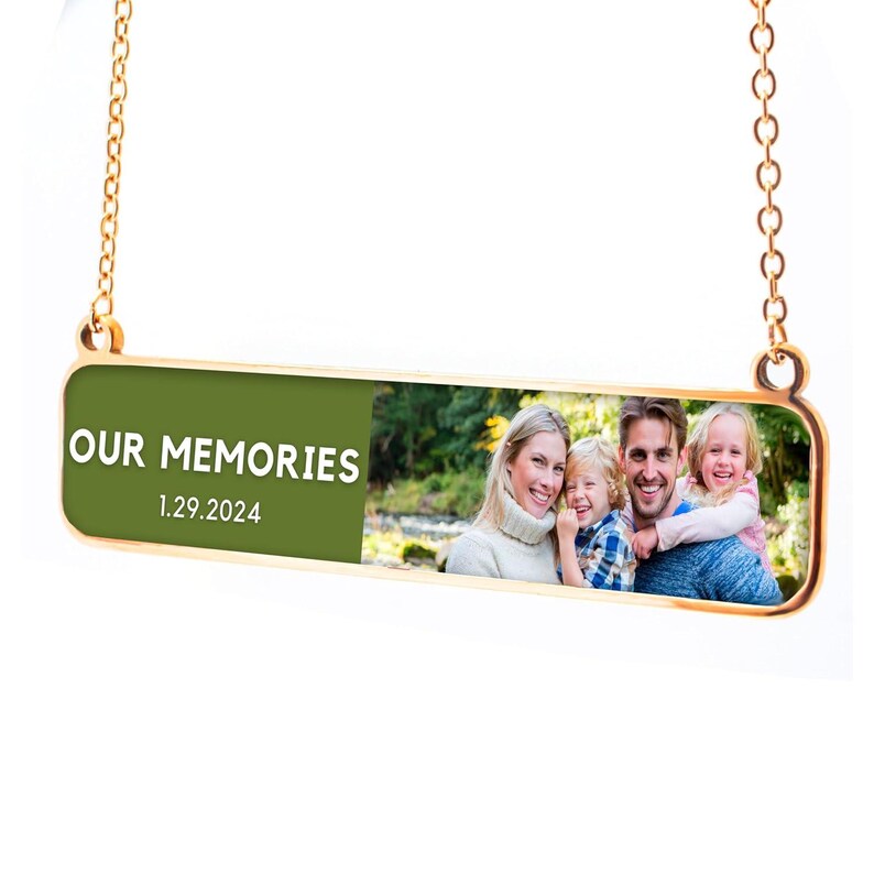 Personalized Photo Necklace Gift 4k High Quality Print Customizable Bar Necklace for Cherished Memories Family members Image