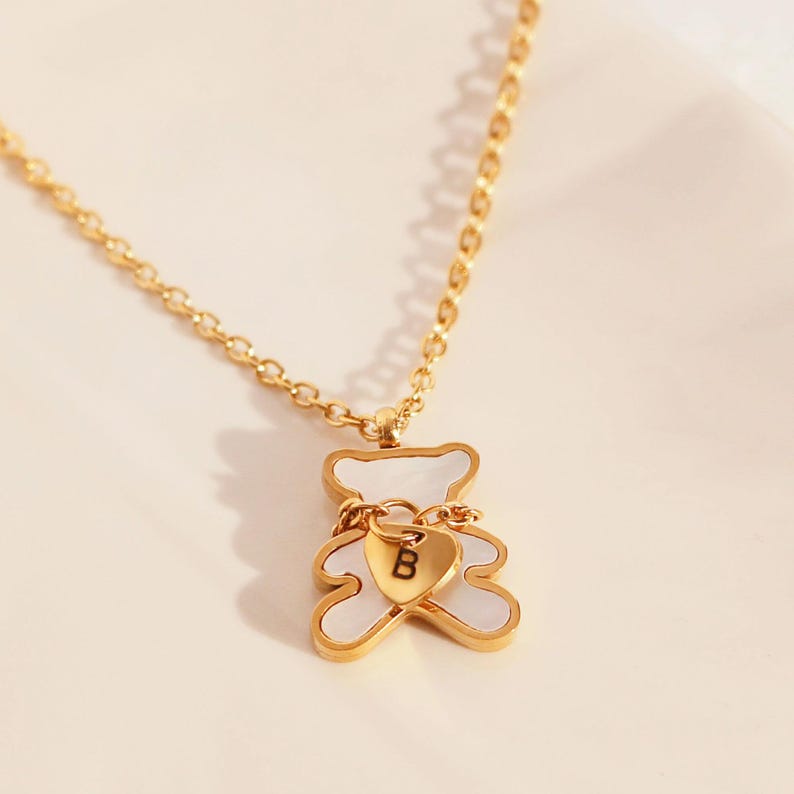 Bear Necklace: Mother of Pearl Heart, Personalized Initial