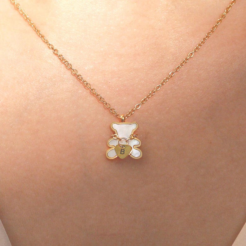 Bear Necklace: Mother of Pearl Heart, Personalized Initial