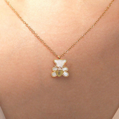 Bear Necklace: Mother of Pearl Heart, Personalized Initial