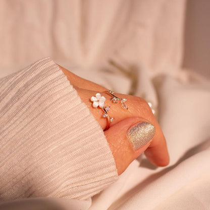 Birth Flower Ring 925 Sterling Silver Valentine's day gift Mother of Pearl Sakura Rings Adjustable Delicate Personalized Birthstone Gift