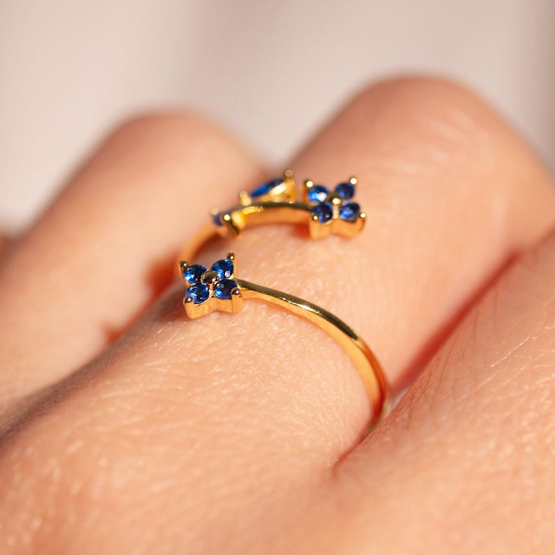 Something Blue Ring 925 Sterling Silver Adjustable Gold Plated, Dainty Gift for Her, Free Size Floral Jewelry