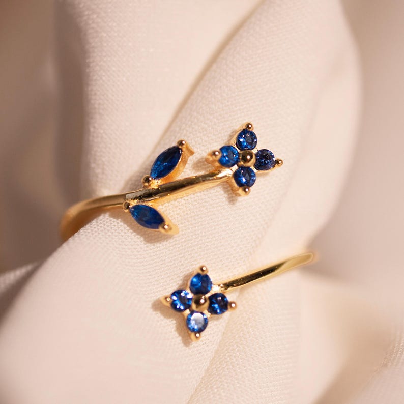 Something Blue Ring 925 Sterling Silver Adjustable Gold Plated, Dainty Gift for Her, Free Size Floral Jewelry
