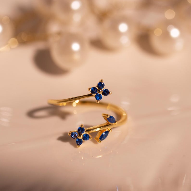 Something Blue Ring 925 Sterling Silver Adjustable Gold Plated, Dainty Gift for Her, Free Size Floral Jewelry
