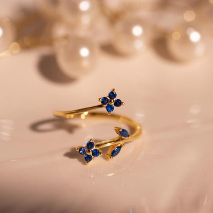 Something Blue Ring 925 Sterling Silver Adjustable Gold Plated, Dainty Gift for Her, Free Size Floral Jewelry