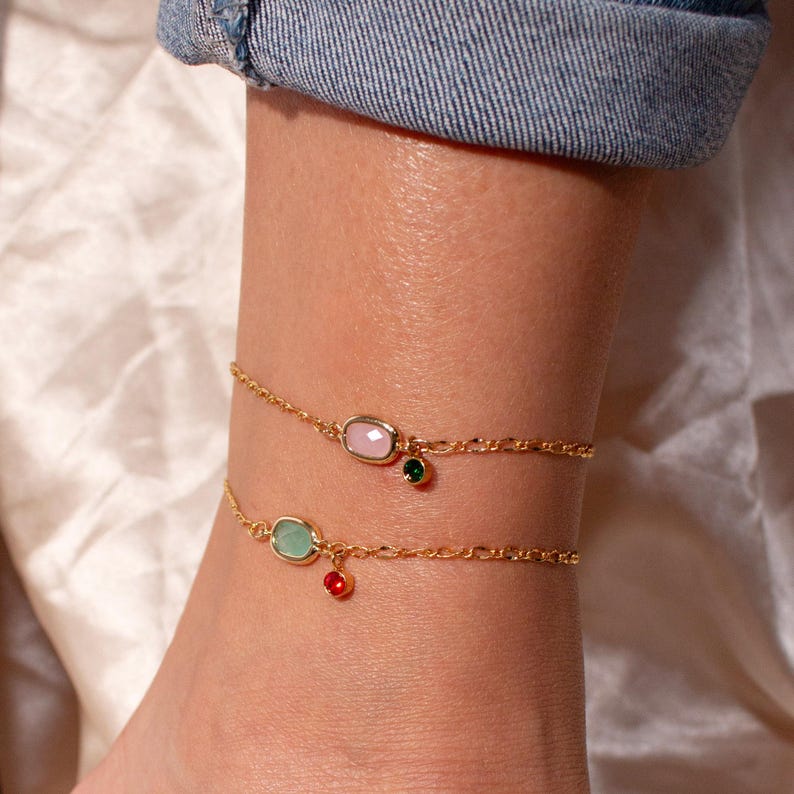 Color Gemstone Birthstone Anklet: Gold-Plated Adjustable Ankle Bracelet