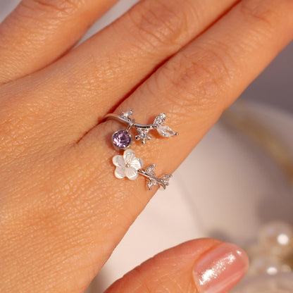 Birth Flower Ring 925 Sterling Silver Valentine's day gift Mother of Pearl Sakura Rings Adjustable Delicate Personalized Birthstone Gift
