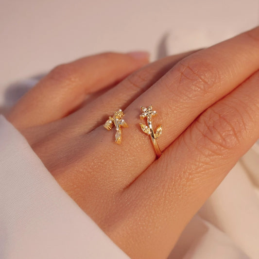 Gold Flower Leaf Ring 925 Sterling Silver Dainty Adjustable Floral Ring for Her