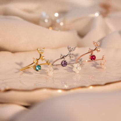 Birth Flower Ring 925 Sterling Silver Mother of Pearl Sakura Rings Adjustable Delicate Personalized Birthstone Gift