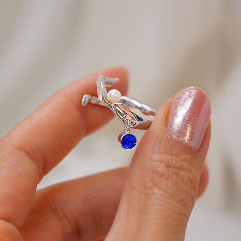 Pearl Birthstone Ring 925 Sterling Silver Adjustable Wave Ring