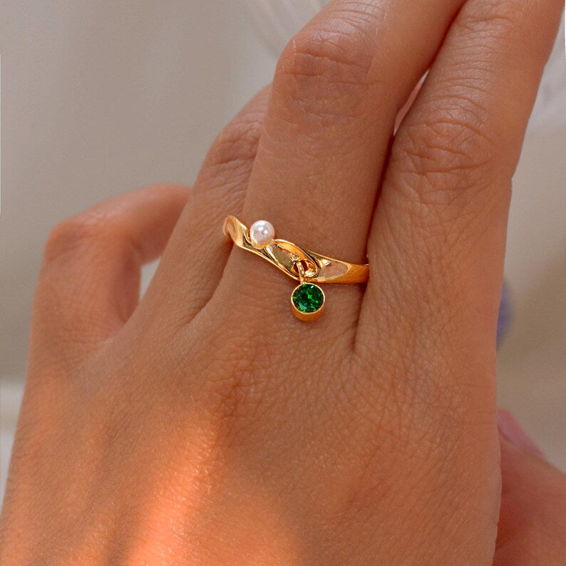 Pearl Birthstone Ring 925 Sterling Silver Adjustable Wave Ring