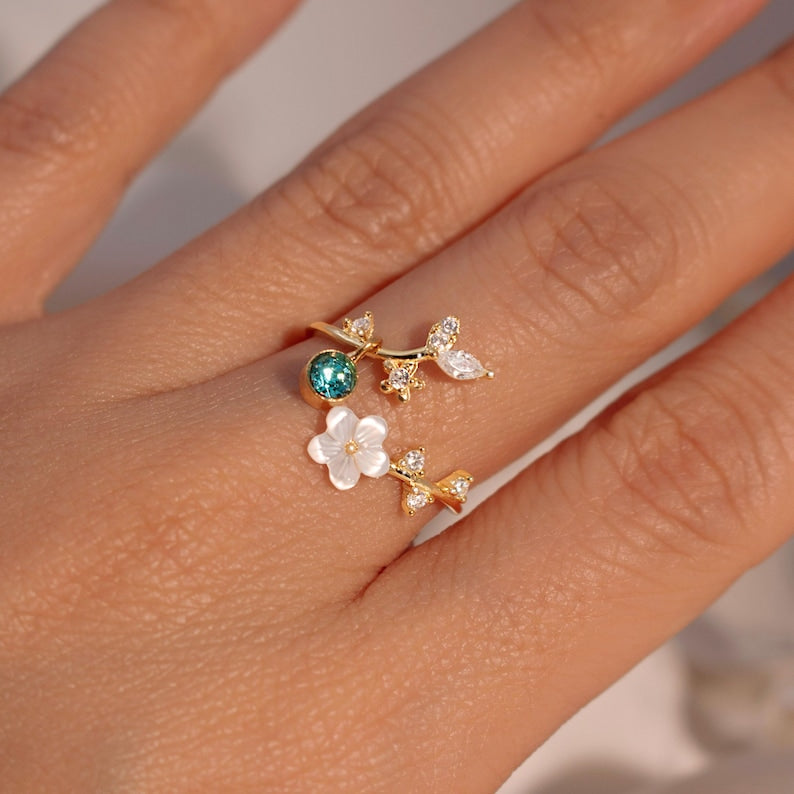 Birth Flower Ring 925 Sterling Silver Valentine's day gift Mother of Pearl Sakura Rings Adjustable Delicate Personalized Birthstone Gift