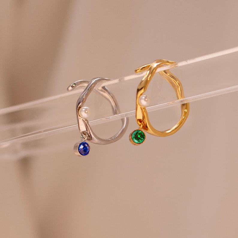 Pearl Birthstone Ring 925 Sterling Silver Adjustable Wave Ring