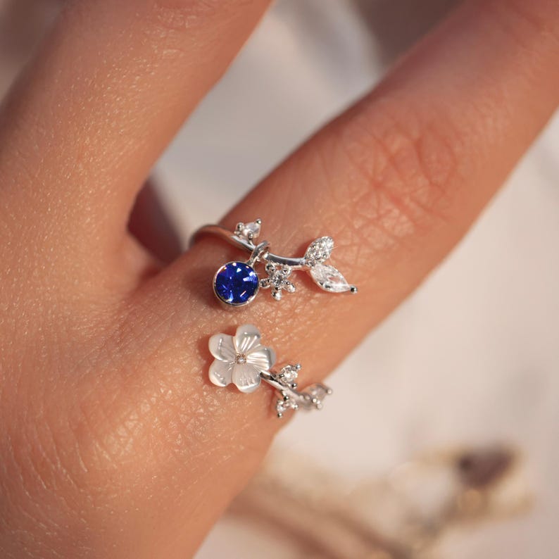 Birth Flower Ring 925 Sterling Silver Mother of Pearl Sakura Rings Adjustable Delicate Personalized Birthstone Gift