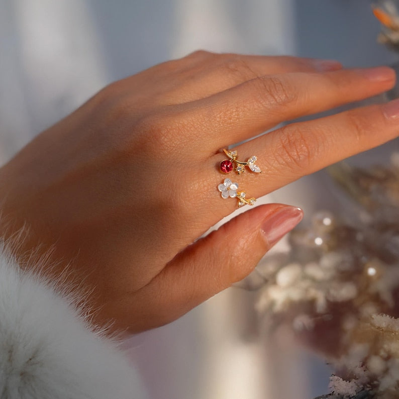 Birth Flower Ring 925 Sterling Silver Valentine's day gift Mother of Pearl Sakura Rings Adjustable Delicate Personalized Birthstone Gift