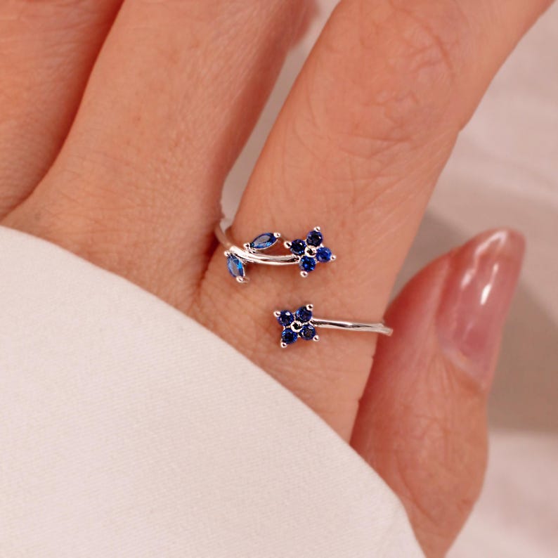 Something Blue Ring 925 Sterling Silver Adjustable Gold Plated, Dainty Gift for Her, Free Size Floral Jewelry