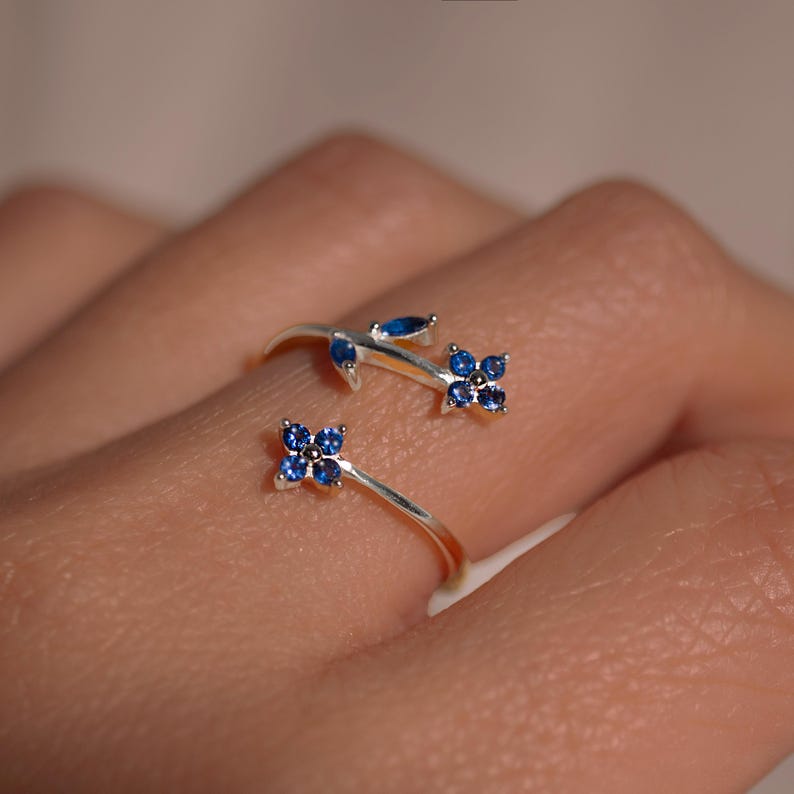 Something Blue Ring 925 Sterling Silver Adjustable Gold Plated, Dainty Gift for Her, Free Size Floral Jewelry