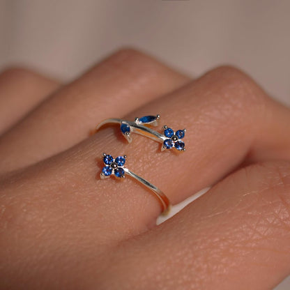 Something Blue Ring 925 Sterling Silver Adjustable Gold Plated, Dainty Gift for Her, Free Size Floral Jewelry